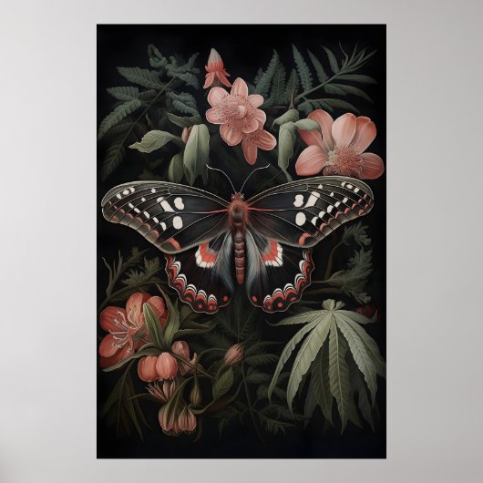 植物画の蝶と蛾 ダークアカデミア ポスター (正面)