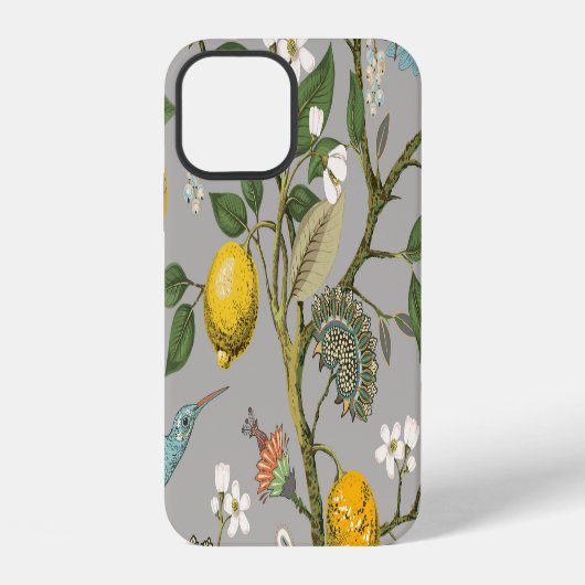 植物画の鳥と花: 手描きのビンテージ壁紙 iPhoneケース (裏面)