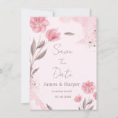 植物画風のピンクブラウンの花々で装飾した結婚式のSave the Date 招待状 (正面)