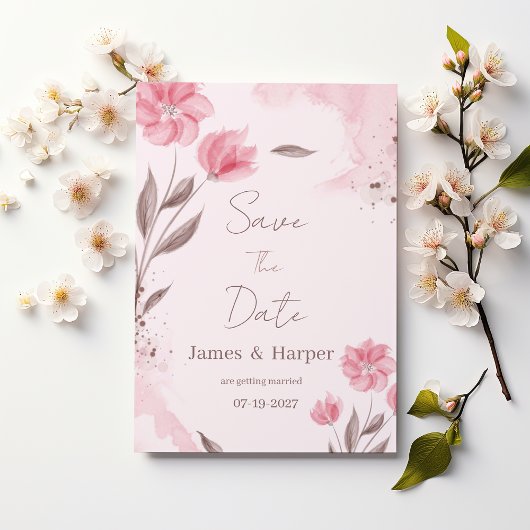 植物画風のピンクブラウンの花々で装飾した結婚式のSave the Date 招待状