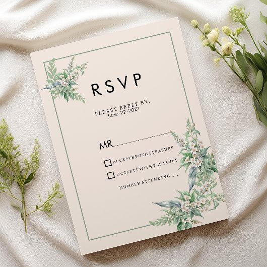 植物画風のピンクミントアイボリーの花のRSVP 招待状