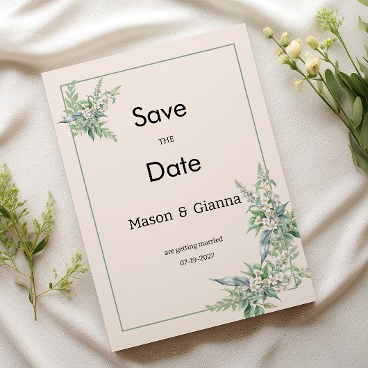 植物画風のピンクミントアイボリーの花模様の結婚式延期案内状 招待状