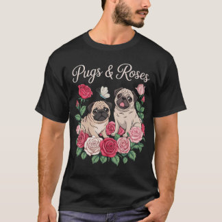 植物画 ブラック・パグ ガーデン - 花柄の犬の飼い主 ペット Tシャツ
