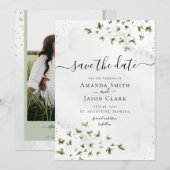 植物的な賢さのグリーン 葉っぱの装飾 ラスティック フォト付き セーブザデート (正面/裏面)