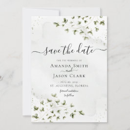 植物的な賢さのグリーン 葉っぱの飾り クラシカルな雰囲気のウェディングカード フォト付き セーブザデート