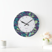 植物紫色と緑の葉のシームレスパターン ラージ壁時計 (ホーム)