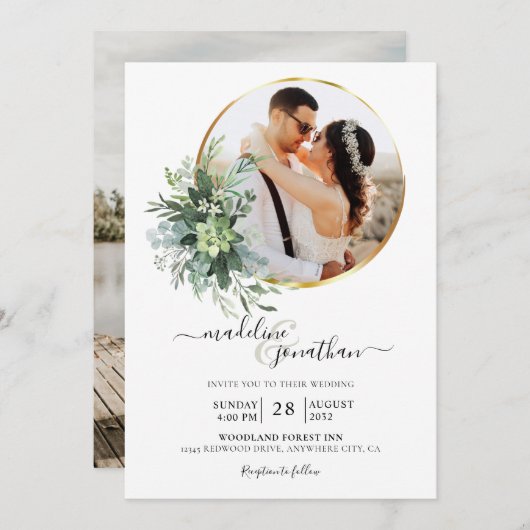 植物緑の円縁ど2写真結婚の 招待状 (正面/裏面)