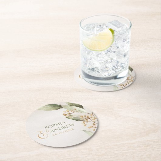 植物緑ヴィンテージラステ結婚ィックモノグラム ラウンドペーパーコースター (インサイチュ)