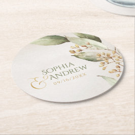 植物緑ヴィンテージラステ結婚ィックモノグラム ラウンドペーパーコースター