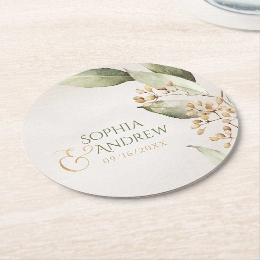 植物緑ヴィンテージラステ結婚ィックモノグラム ラウンドペーパーコースター (アングル)
