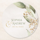 植物緑ヴィンテージラステ結婚ィックモノグラム ラウンドペーパーコースター (正面)
