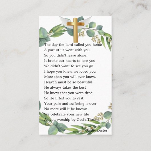 植物緑色写真葬式祈りの言葉カード 名刺 (裏面)