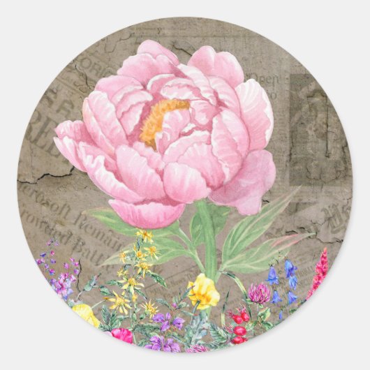 植物花、ピンクローズ、ヴィンテージ新聞 ラウンドシール (正面)
