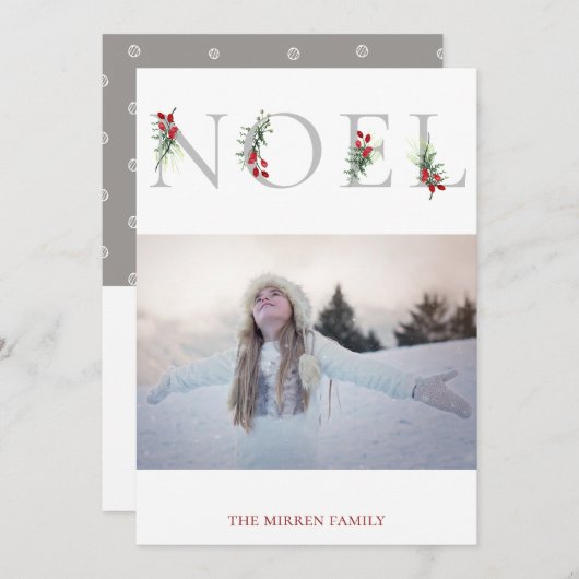 植物装飾のノエル フラット ホリデー フォト カード (正面/裏面)