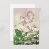 植物読とコーヒーカードを持つレディ サンキューカード (正面/裏面)