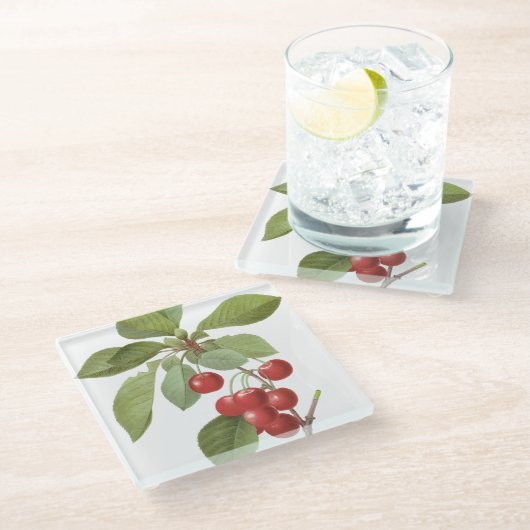 植物赤さくらんぼ ガラスコースター (アングル)