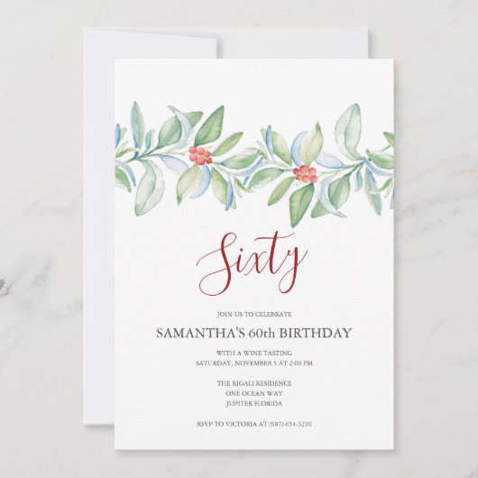 植物赤と緑のクリスマス60誕生日 招待状 (正面)