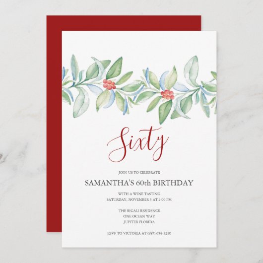 植物赤と緑のクリスマス60誕生日 招待状 (正面/裏面)