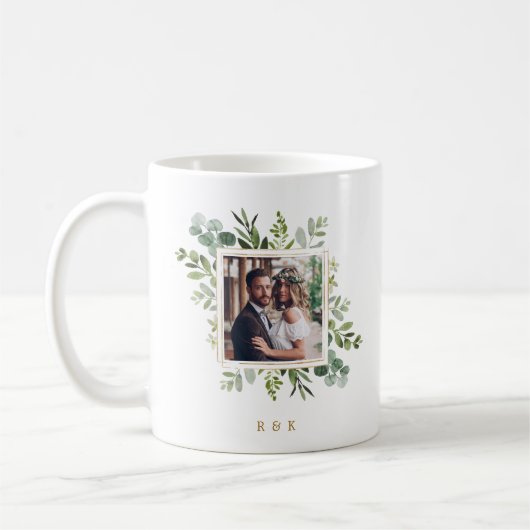 植物金ゴールドグリーンリースズ結婚2写真 コーヒーマグカップ (左)