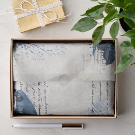 植物鳥類ヴィンテージ青い花の切り離 薄葉紙 (ギフト)