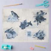 植物鳥類ヴィンテージ青い花の切り離 薄葉紙 (クラフト)