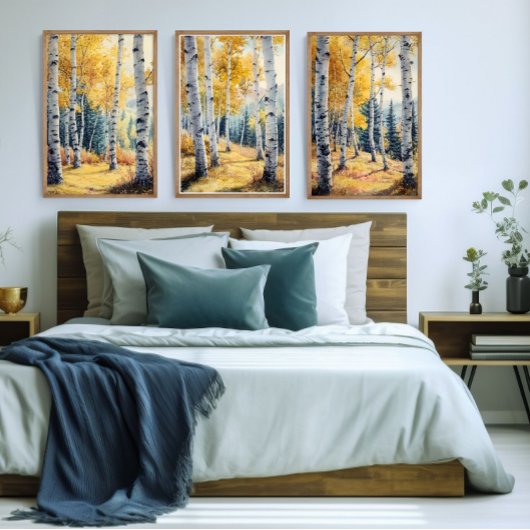 《植物》アスペンの木セット3プリント、トリプチチ、水色