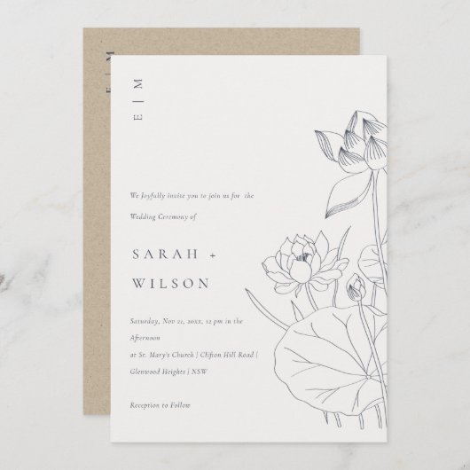 《植物》スイレンミニマルフローラスケッチ結婚式の招待 サンキューカード (正面/裏面)