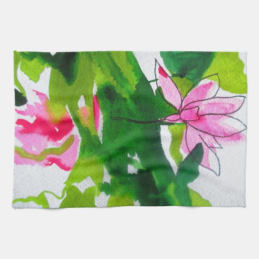 《植物》スイレン抽象芸術水彩フラワーアート キッチンタオル (横)