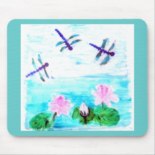 《植物》スイレン絵画の花とトンボ マウスパッド
