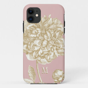植物、ピンクシャクヤクのモノグラムのな花および金ゴールド iPhone 11 ケース
