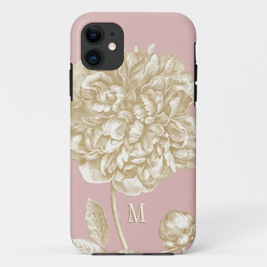 植物、ピンクシャクヤクのモノグラムのな花および金ゴールド Case-Mate iPhoneケース (裏面)