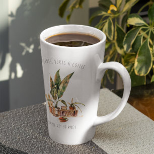 植物、書籍、コーヒー 水彩イラストレーション カフェラテマグ