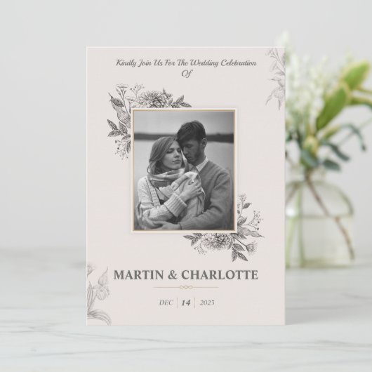 《植物》百日草と蘭ヴィンテージの結婚花 招待状 (スタンド正面)