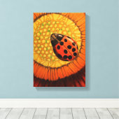 《植物》百日草の花の赤い鮮やかラディバグ キャンバスプリント (インサイチュ (ウッドフロア))