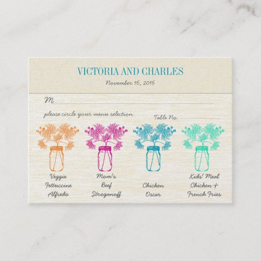 《植物》百日草カラフルズメイソンジャールワイルドフラワー結婚ズ プレイスカード (正面)