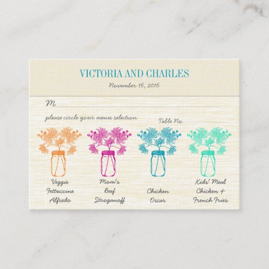 《植物》百日草カラフルズメイソンジャールワイルドフラワー結婚ズ プレイスカード (正面)