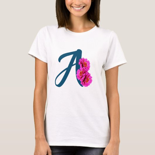 《植物》百日草フラワーズモノグラムイニシャルA Tシャツ (正面)