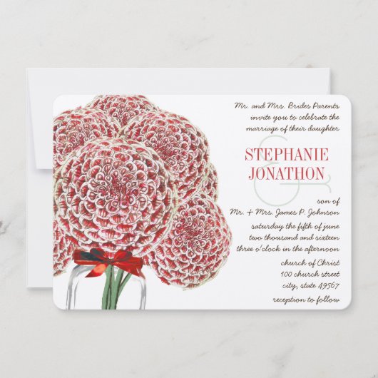 《植物》百日草素朴レッドメイソンジャールワイルドフラワー結婚ズ 招待状 (正面)