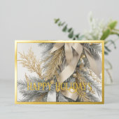 植生エバーグリーンスプレーオーナメント暖灰色金ゴールド 箔シーズンカード (立ち正面)