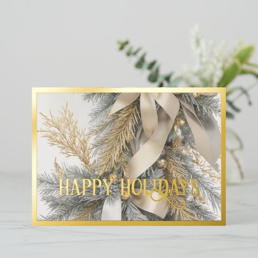 植生エバーグリーンスプレーオーナメント暖灰色金ゴールド 箔シーズンカード (立ち正面)