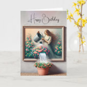 植絵を描物に水をやった女性 カード (黄色い花)