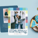 検カラフル疫 | Happy Hanukkah Holiday Photo 招待状<br><div class="desc">「社会的に離れた家からの愛の光とシャローム」と軽おもしろい気なハヌカーのカード。このミニマルタイポグラフィフォトカードは、新鮮な色とレトロなレタリングでモダンあなたの画像をハイファンキーライトする。自分カスタマイズの写真を3枚（前面に1枚、背面に2枚）、メッセージをパーソナライズされた入れて色は可能でカスタマイズす。デザインの右側カスタムにある[このデザインテンプレートを編集する]ボックスまたは青い[文字を編集すクリックる]ボタンを使用しての配置を行うと、フォントと色を変更しカスタマイズて、このデザインに追加の情報や画像を追加します。クリックカスタマイズ「続く」を選択して完全な編集オプションを開く。調整もし品(サンキューカード等)が必要な場合は連絡ご注文をカスタムお願い。****要カスタム求の場合は救済、この商品をカートに入れないで。代わりに、電子メールでリクエストをlauralise@iyhtvdesigns.comに送る商品へのリンクが利用可能になった時点で電子メールで送信される。そのリンクを使用して注文を行うことができる。48時間まで許可して。</div>