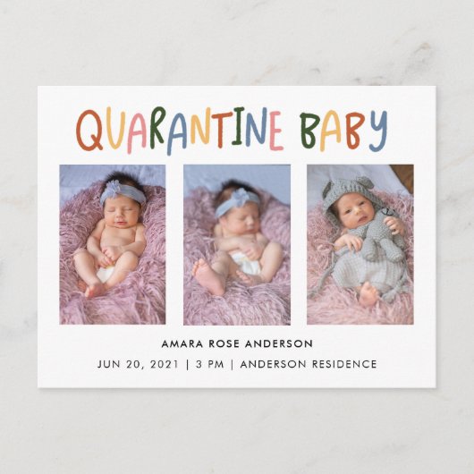 検疫カラフルベビー3写真誕生 インビテーションポストカード (正面)