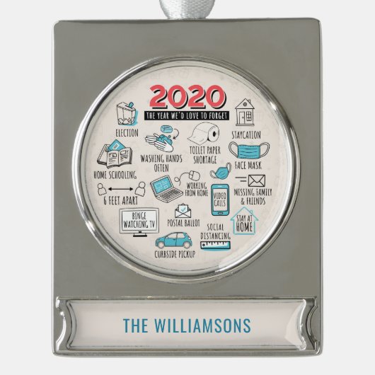 検疫パーソナライズされたクリスマス記念 シルバープレートバナーオーナメント (正面)