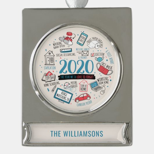 検疫パーソナライズされたクリスマス記念 シルバープレートバナーオーナメント (正面)