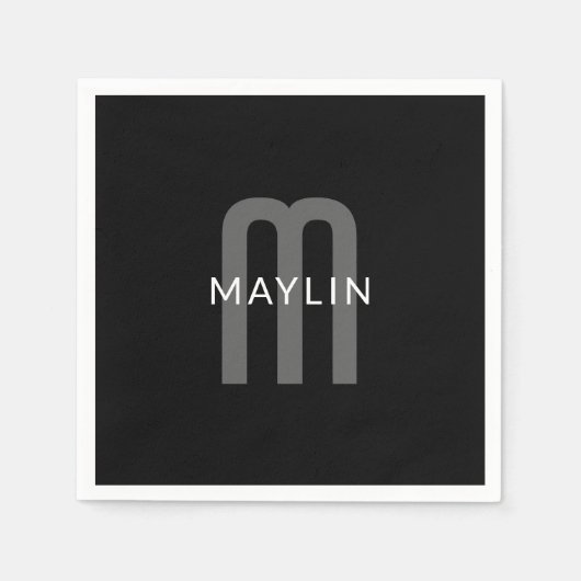 検索モダン名モノグラムの前 | 黒い灰色の白 スタンダードカクテルナプキン (正面)