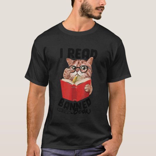 検閲された本を読む 猫 読書好き 女性 Tシャツ (正面)