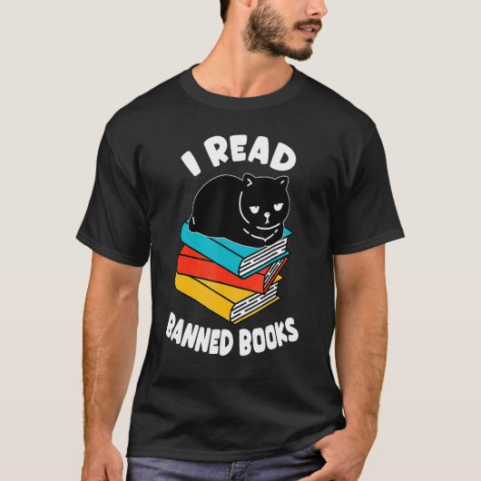 検閲された本を読む 黒猫 読書家 女性 Tシャツ (正面)