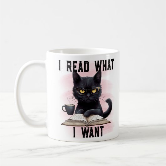 検閲された本 "私は好きな本を読む" 本と猫のデザイン コーヒーマグカップ (左)