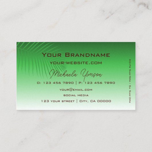 椰子の葉とモノグラムの緑のグラデーションシンプル 名刺 (裏面)